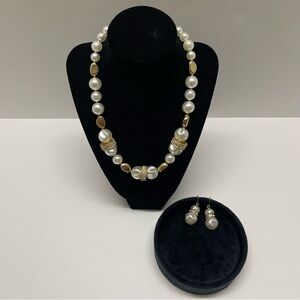 Chico's Faux Pearl Gold Tone Crystal Embellished Adjustable Necklace & Earrings